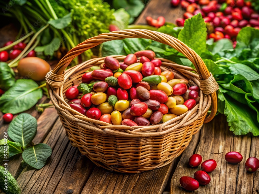Vibrant, freshly harvested chochos, a traditional Andean legume, are arranged artfully in a woven basket, surrounded by Vibrant, freshly harvested chochos, a traditional Andean legume, are arranged artfully in a woven basket, surrounded by