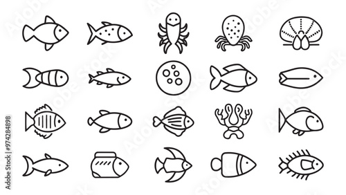  Under water Fish and seafood elements related Minimalist Black Line 15pcs icons set isolated on white background..