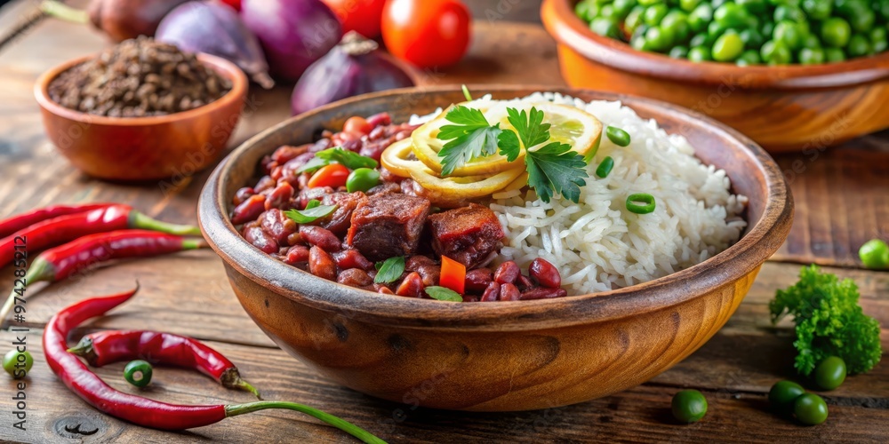 Vibrant Ghanaian street food waakye dish featuring steaming rice and beans in a colorful ceramic bowl, garnished with Vibrant Ghanaian street food waakye dish featuring steaming rice and beans in a colorful ceramic bowl, garnished with