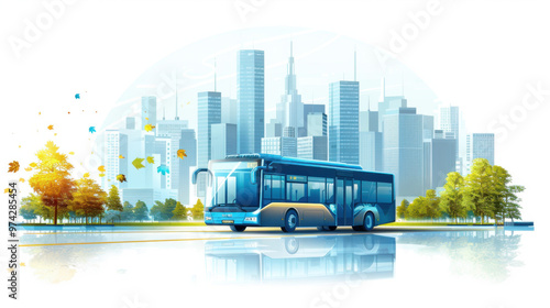 A modern blue city bus driving with a cityscape in the background, with tall skyscrapers and a hint of nature.