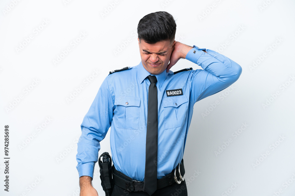 Young police caucasian man isolated on white background with neckache Young police caucasian man isolated on white background with neckache