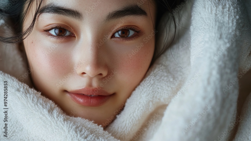 Close-Up Portrait of a Young Woman in a White Towel Close-Up Portrait of a Young Woman in a White Towel