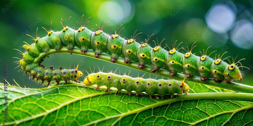 Naklejka premium Vibrant green caterpillars with tiny legs and antennae crawl along a fresh leaf, leaving trails of tiny holes,