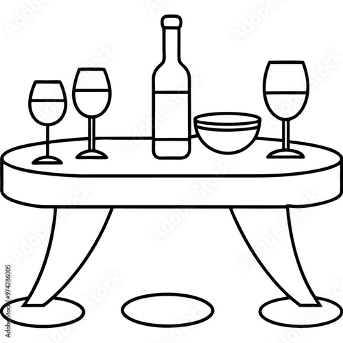 table with wine glasses and dishes outline coloring book page line art drawing