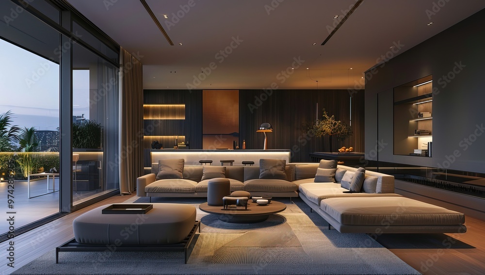 Naklejka premium Minimalist Style Modern Living Room Interior with Comfortable Furniture, a Serene Space for Relaxation