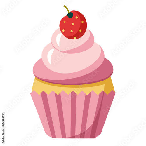 Strawberry Cupcake Delight: A vibrant pink cupcake with a fluffy pink frosting and a fresh strawberry on top, perfect for celebrating special occasions or adding a touch of sweetness to any design.