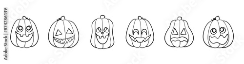 Jack O Lantern Outline Line Art Set. Cute Halloween Pumpkin Fall Autumn Doodle. Easy Coloring Book Page Activity For Kids.