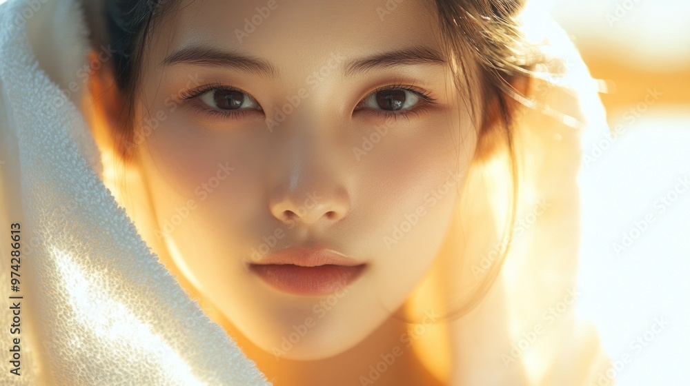Close-up Portrait of a Young Woman Wrapped in a Towel Close-up Portrait of a Young Woman Wrapped in a Towel