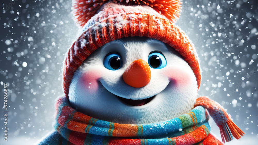 a cartoon snowman in a scarf and a hat with a pom-pom on his head a cartoon snowman in a scarf and a hat with a pom-pom on his head