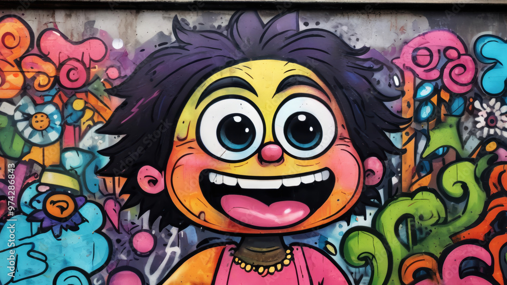 A colorful graffiti wall with a cartoon character painted on it A colorful graffiti wall with a cartoon character painted on it