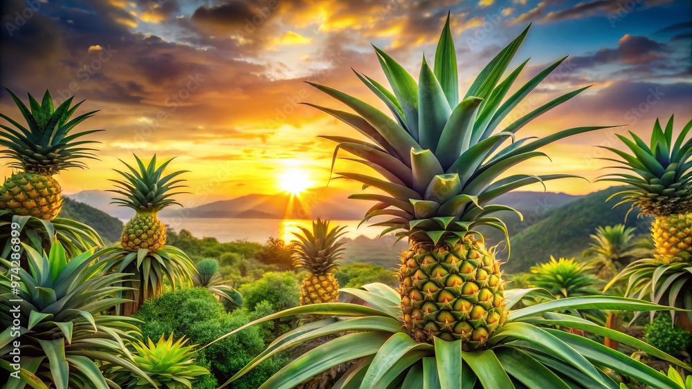 Vibrant green pineapple tree with multiple fruit-bearing branches sways gently in the tropical breeze, set against a Vibrant green pineapple tree with multiple fruit-bearing branches sways gently in the tropical breeze, set against a