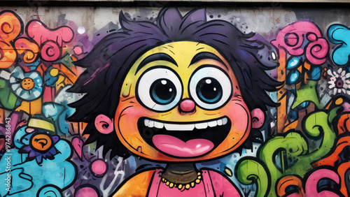 A colorful graffiti wall with a cartoon character painted on it