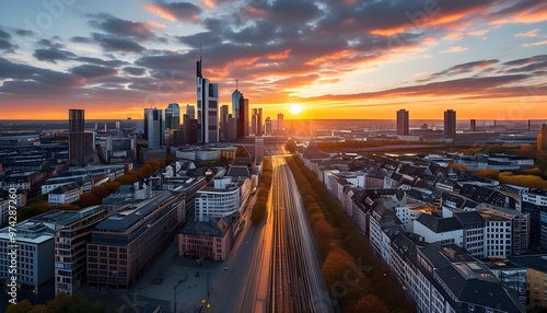 Panoramic Aerial View of Frankfurts Business District at Sunset Showcasing German Architecture photo