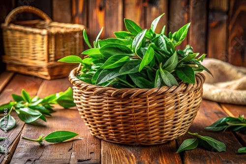 Vibrant green yerba mora leaves and stems overflowing from a woven basket, surrounded by rustic wooden accents and photo