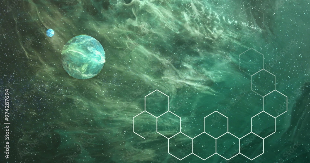 Fototapeta premium Image of hexagons over planets on sky with stars