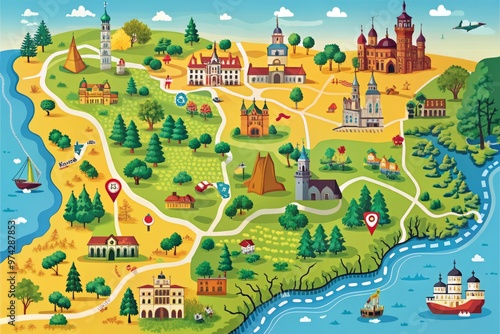Vibrant illustrated map of Poland showing scenic route from Warsaw to Krakow, highlighting major cities, roads, and