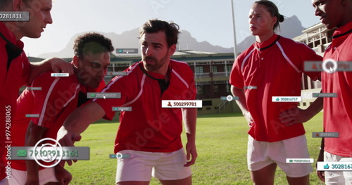 Image of icons and data processing over diverse rugby players photo