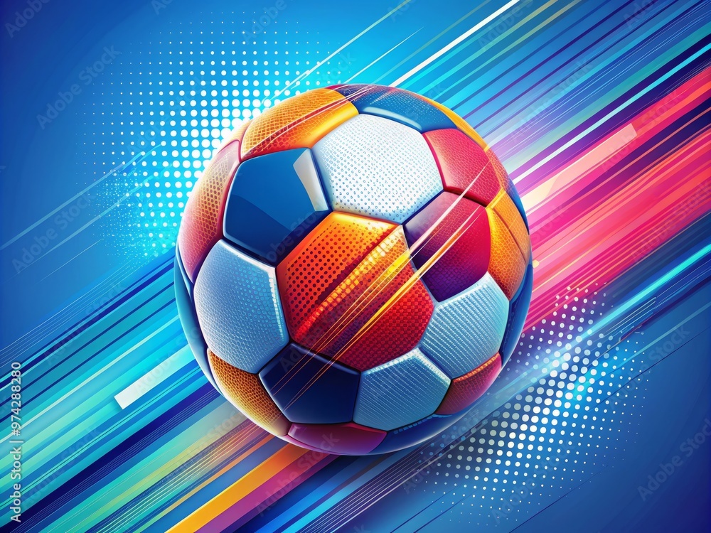 Obraz premium Vibrant illustration of a stylized football with dynamic motion lines, bold stripes, and geometric patterns, set