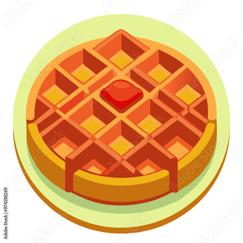 Sweet and Savory Waffle Icon: A delightful isometric illustration of a golden waffle with a generous dollop of red syrup, perfect for representing breakfast, brunch, or dessert, as well as for app ico