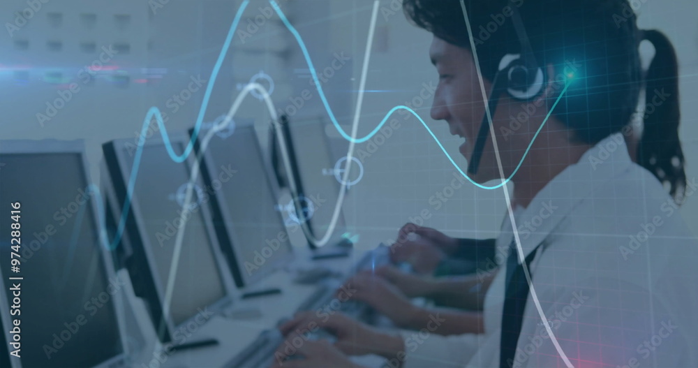 Naklejka premium Image of financial data processing over asian businessman using phone headset and computer