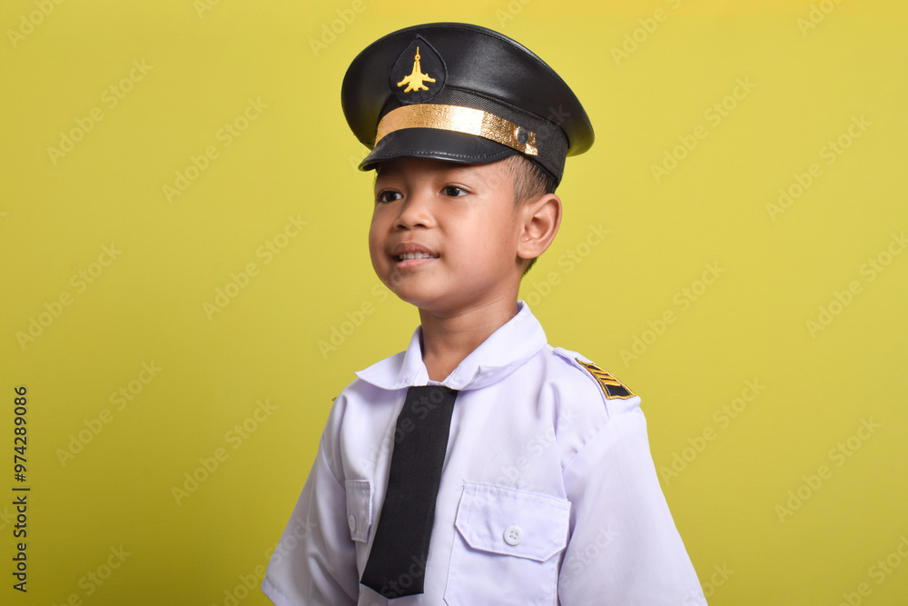 Little Asian boy Airplane pilot isolated on yellow background. Little boy dreams of becoming an airplane pilot. Little Asian boy Airplane pilot isolated on yellow background. Little boy dreams of becoming an airplane pilot.