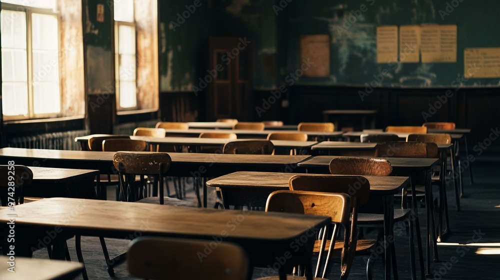 Empty Classroom Desks and Chairs in a Sunlit Room, Ideal for Educational or Nostalgia Themes Empty Classroom Desks and Chairs in a Sunlit Room, Ideal for Educational or Nostalgia Themes