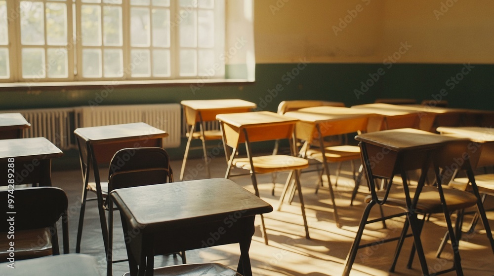 Empty Classroom with Sunlight Streaming Through the Window Empty Classroom with Sunlight Streaming Through the Window