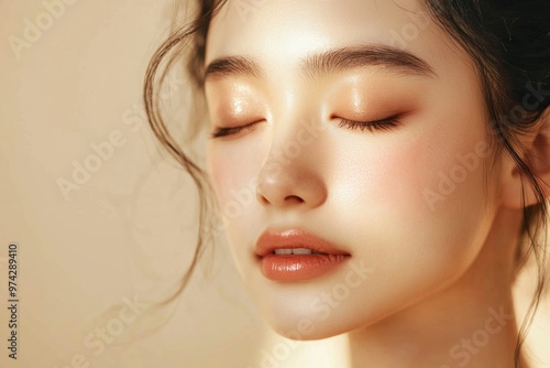 Closeup Portrait of a Young Woman with Eyes Closed in Soft Sunlight