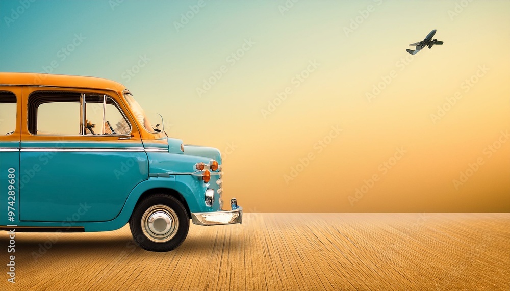 Obraz premium Vintage Van and Airplane on a Journey at Sunset