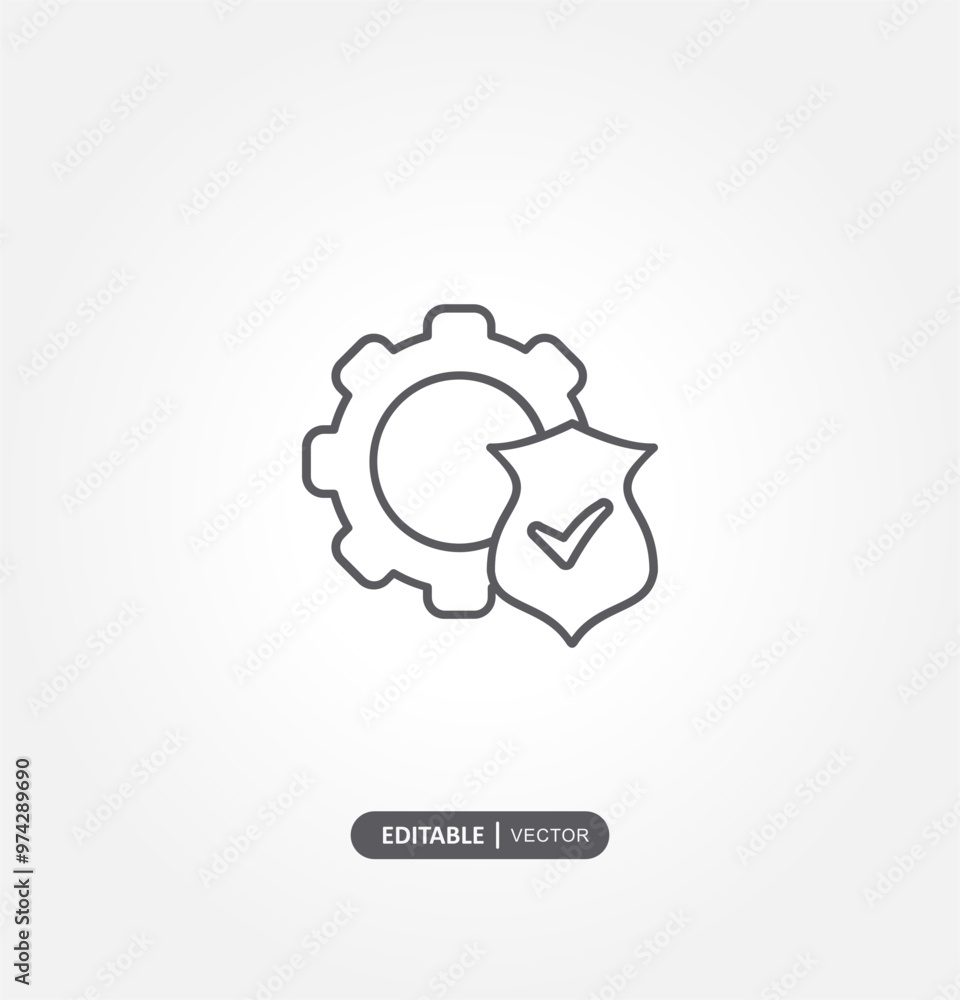 simple line drawing of a gear and a shield with a checkmark inside the shield. The gear represents settings or mechanisms, while the shield with a checkmark symbolizes security or protection. simple line drawing of a gear and a shield with a checkmark inside the shield. The gear represents settings or mechanisms, while the shield with a checkmark symbolizes security or protection.