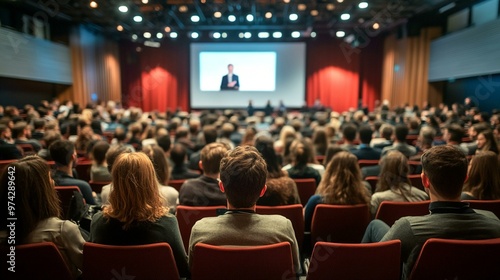 Audience of people listening to a speaker on stage at a conference or seminar. 