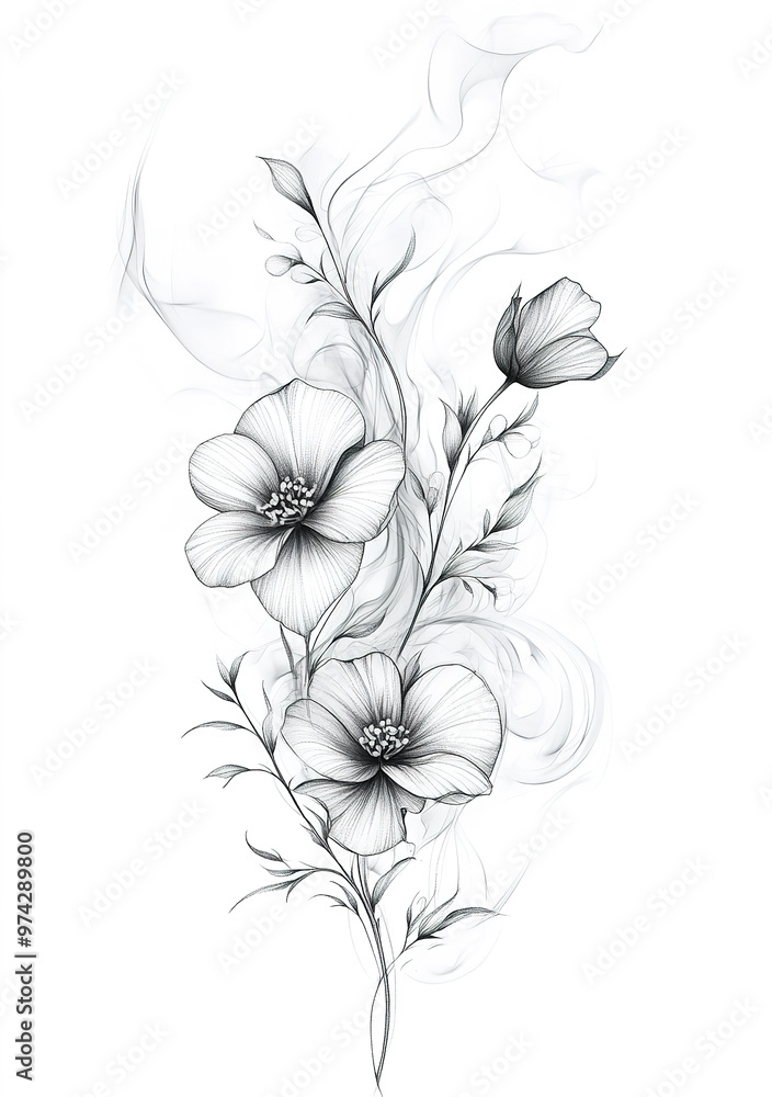 Tattoo design: a small flower vine with swirling smoke around it, a simple line drawing on a white background Tattoo design: a small flower vine with swirling smoke around it, a simple line drawing on a white background