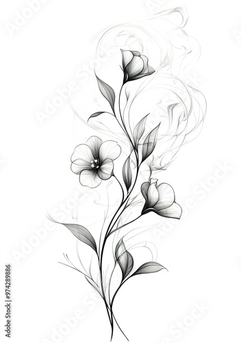 Tattoo design: a small flower vine with swirling smoke around it, a simple line drawing on a white background