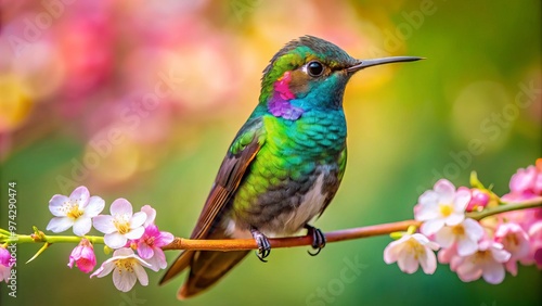 Vibrant, iridescent hummingbird perches on a blooming flower branch against a soft, blurred green backdrop, its