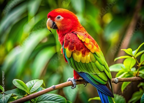 Vibrant Mexican red-headed parrot perched on a branch, showcasing its stunning plumage, bright green and yellow photo