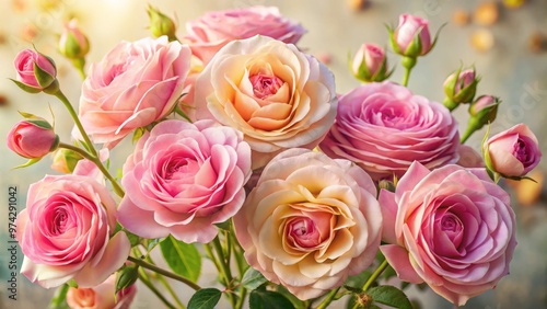 Vibrant Mexican pink roses with delicate petals and golden centers bloom against a soft, creamy background, evoking photo