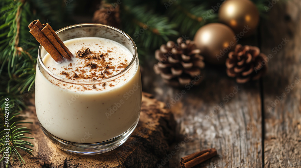 A festive glass of eggnog topped with cinnamon and star anise, set on a rustic wooden table, surrounded by holiday greenery and decor. A festive glass of eggnog topped with cinnamon and star anise, set on a rustic wooden table, surrounded by holiday greenery and decor.