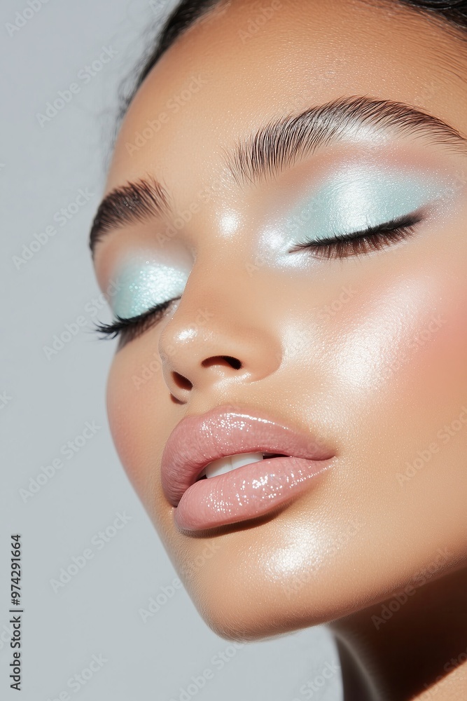 woman with cool toned makeup, featuring icy blue eyeshadow, soft pink blush, and a frosty neutral lip, against a light grey background woman with cool toned makeup, featuring icy blue eyeshadow, soft pink blush, and a frosty neutral lip, against a light grey background