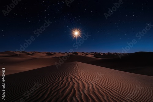 A bright star shines over a vast desert, guiding travelers across the endless sand dunes.