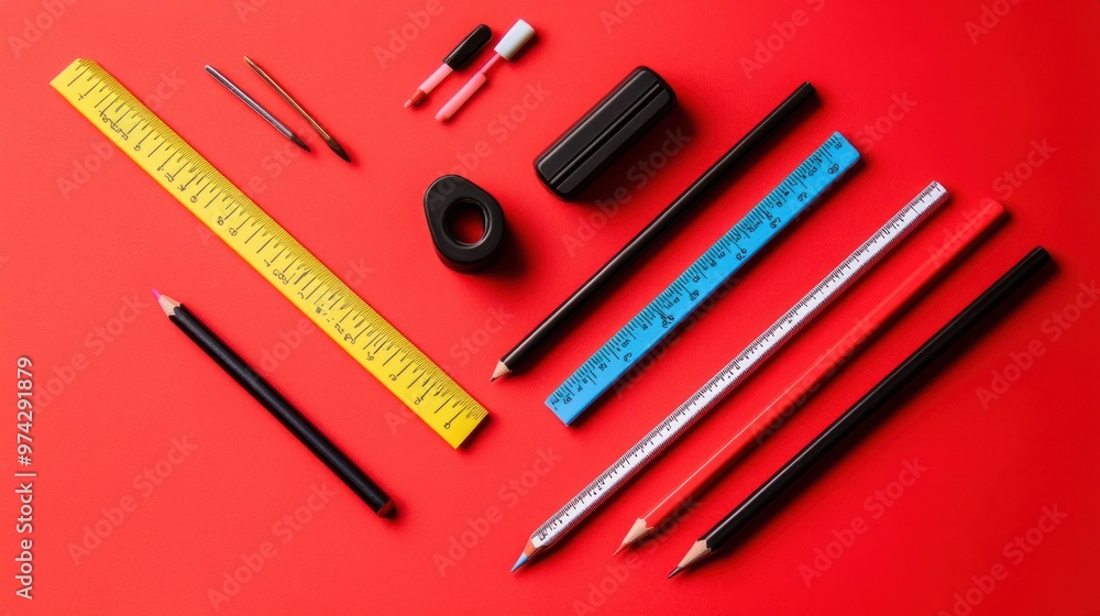 A back-to-school set with pencils, erasers, a pencil sharpener, and rulers, placed on a bright red background A back-to-school set with pencils, erasers, a pencil sharpener, and rulers, placed on a bright red background