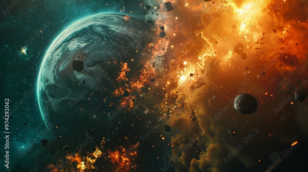 Obraz premium Explosive Interstellar Phenomenon Cosmic Collision and Celestial Chaos