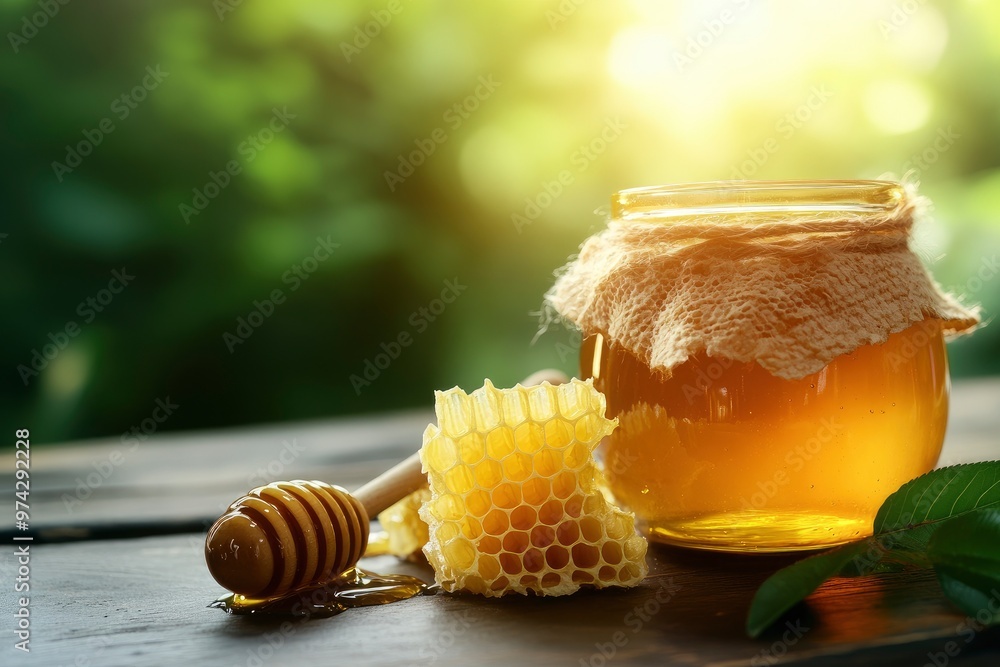 Natural organic honey in glass jar, honey dipper and honeycombs are near. Natural food background, ai Natural organic honey in glass jar, honey dipper and honeycombs are near. Natural food background, ai