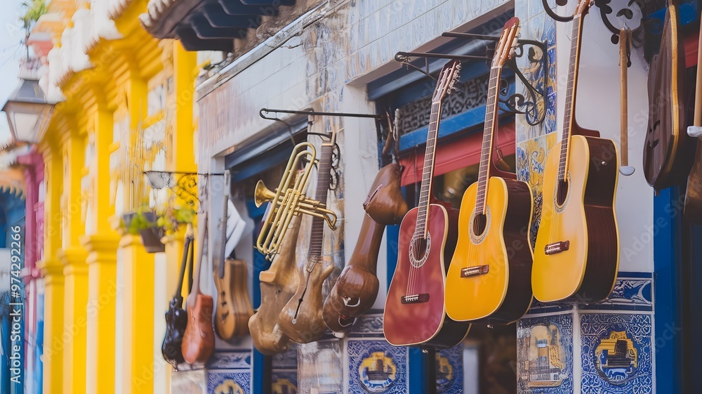 Naklejka premium Spanish Heritage: Musical instrument street decor