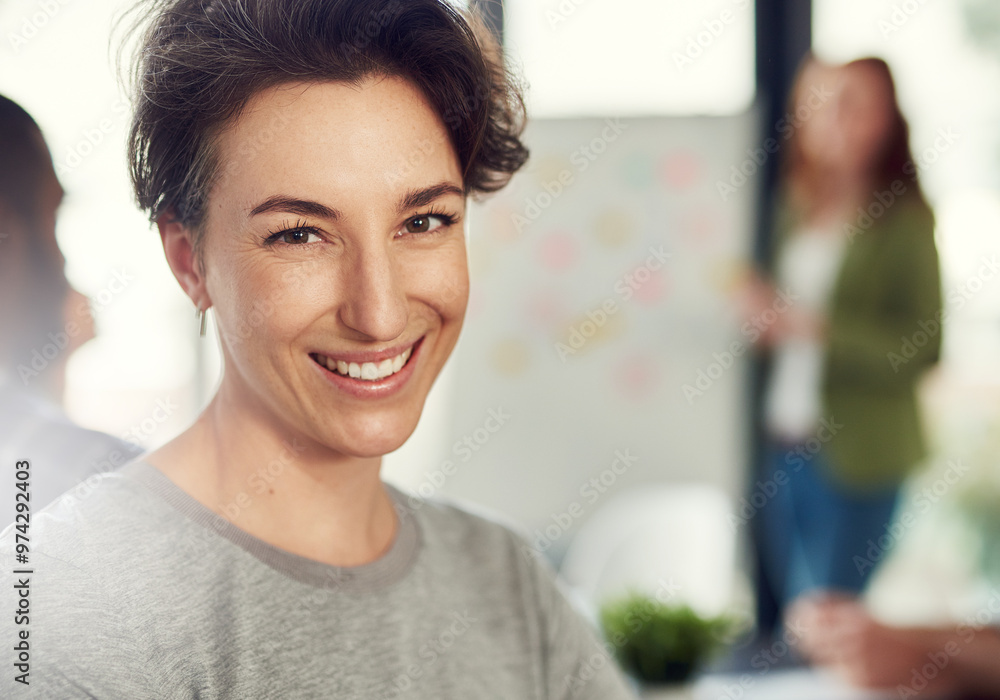 Meeting, portrait and happy woman with confidence in startup for training, coaching or learning. Face, workshop and employee with smile for skills development, education opportunity or career growth