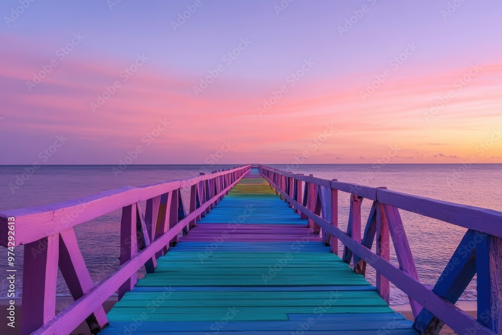 A brightly colored wooden boardwalk stretches over a calm beach A brightly colored wooden boardwalk stretches over a calm beach