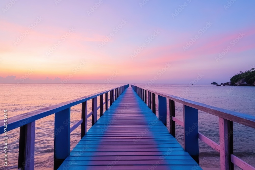 Fototapeta premium A brightly colored wooden boardwalk stretches over a calm beach