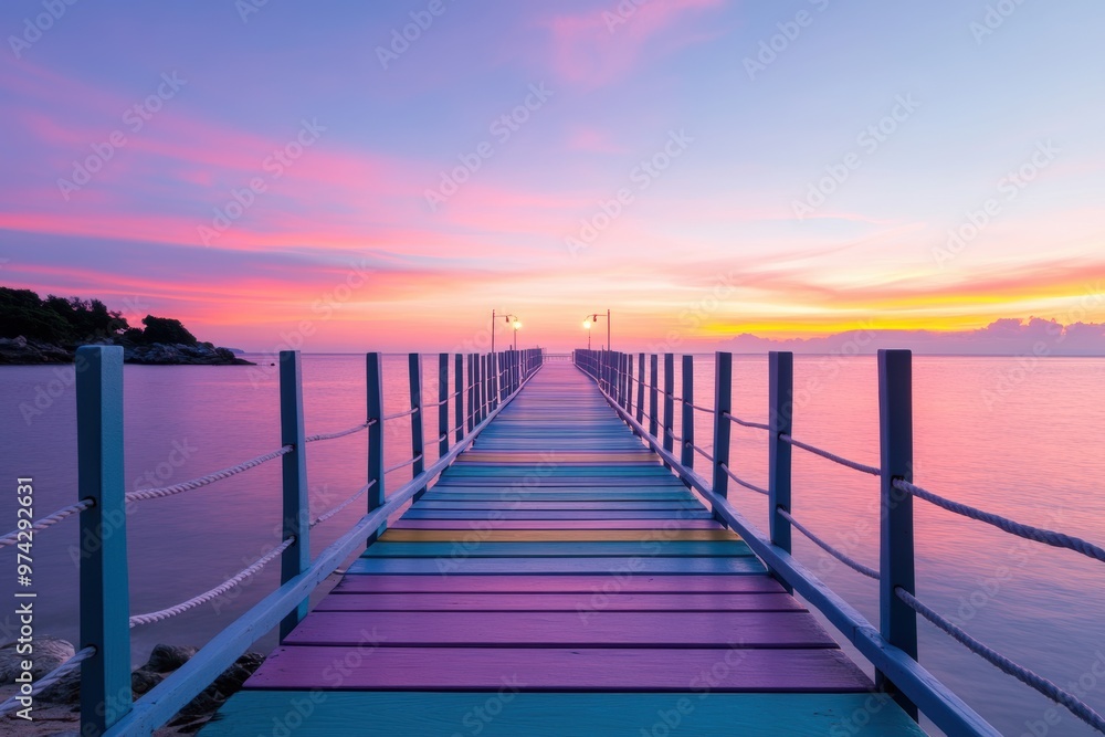A brightly colored wooden boardwalk stretches over a calm beach A brightly colored wooden boardwalk stretches over a calm beach