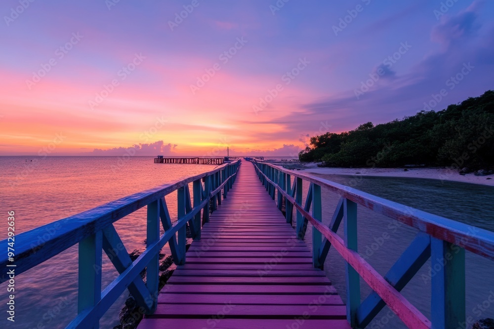 Obraz premium A brightly colored wooden boardwalk stretches over a calm beach