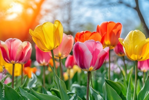 Colorful Tulips in a Sunny Meadow