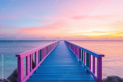 A brightly colored wooden boardwalk stretches over a calm beach